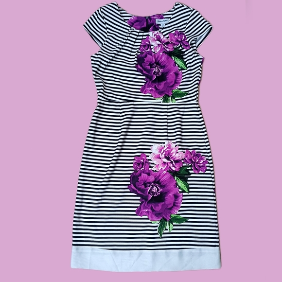Shelby & Palmer Dresses & Skirts - Shelby & Palmer Sz 10 Black White Striped Purple Floral Cap Sleeve Dress
